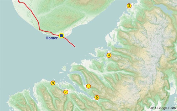 Detail of certified PSP-free beaches in Kachemak Bay Certified PSP-free beaches in Kachemak Bay, Alaska