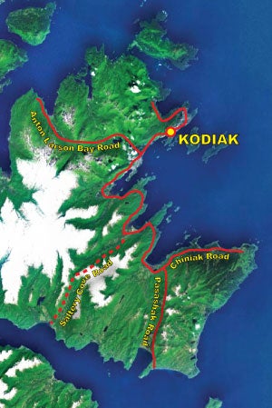 Kodiak Road System Map map of the road system on Kodiak Island, Alaska